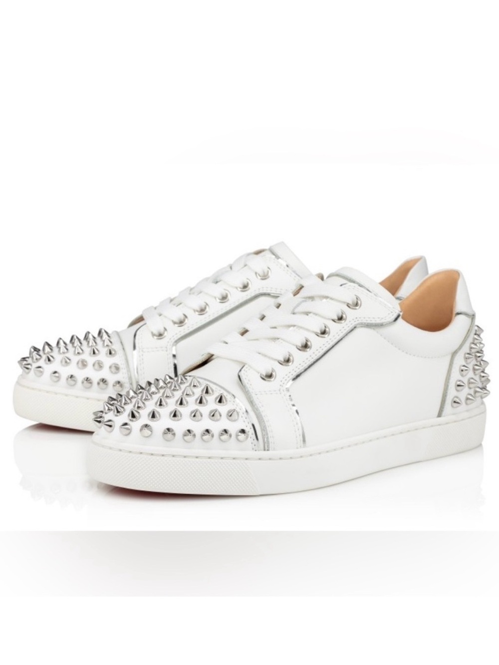 CHRISTIAN LOUBOUTIN VIEIRA 2 FLAT WHITE LEATHER SILVER SPIKES SNEAKERS SZ 40.5